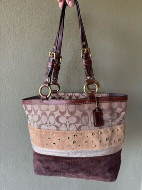Coach Brown and Gold Signature Canvas Tote with Grommet Trim
